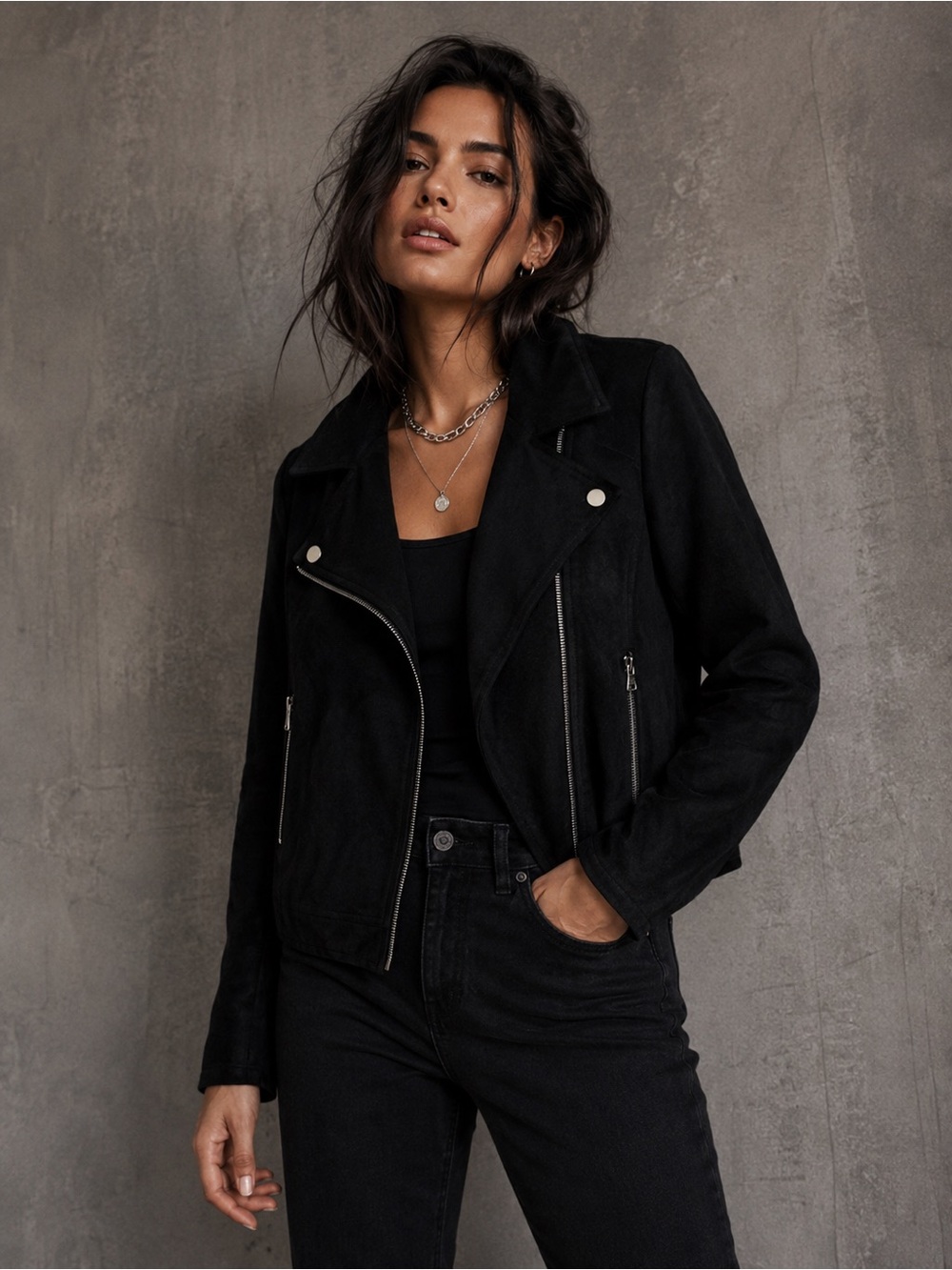 Apperloth Black Moto Faux Suede Soft-shell Jacket with Zip Details Size Large